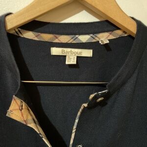 Preppy Barbour women’s classic navy cardigan sweater with tartan trim